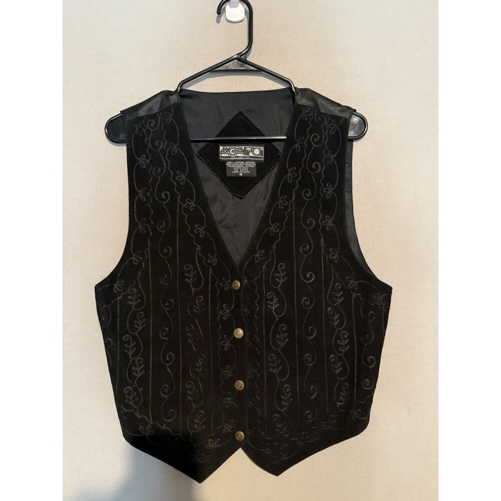 Vintage Agapo Suede Leather Vest Medium M Black Embroidered Western Snap Seal